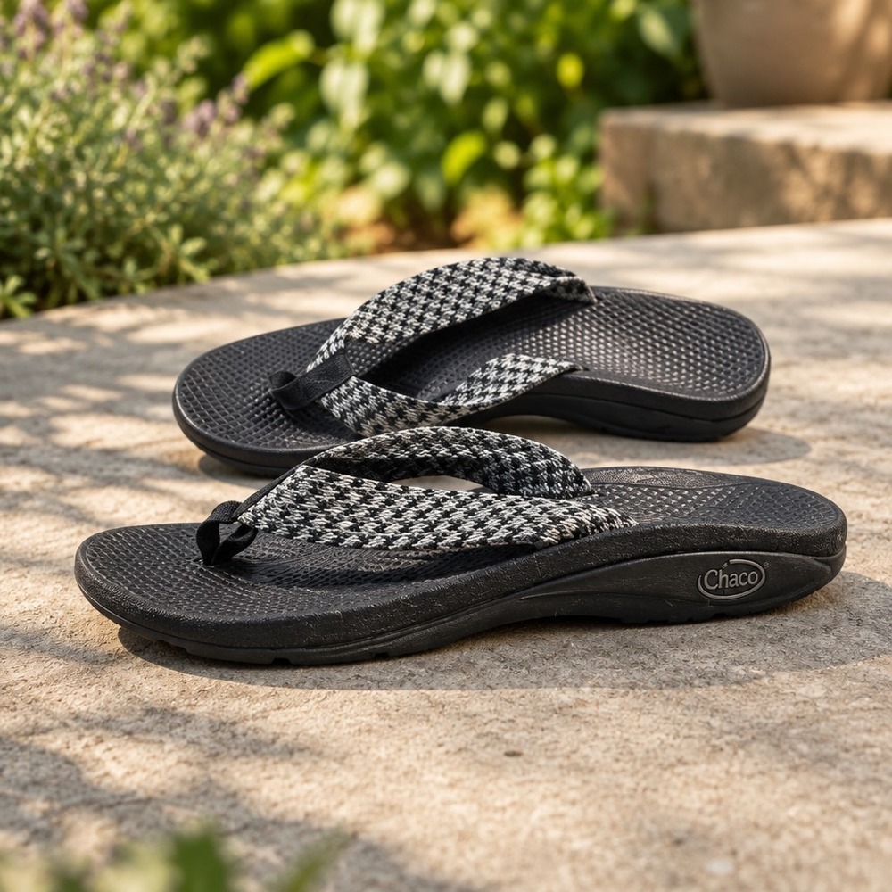 Chaco Lowdown Flip Sandals Black & White Pattern SZ 10 / 10.5" heel to toe.